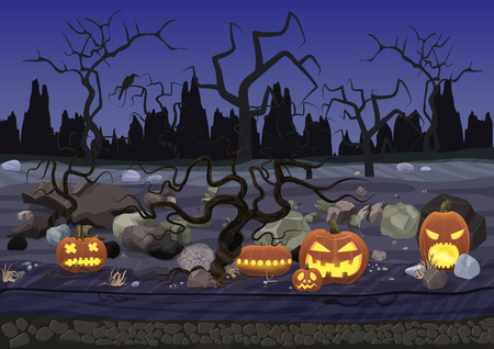 Dark night halloween background with pumpkins and treesのイラスト素材