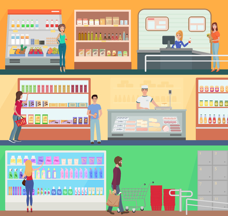 People shopping in a supermarket concept set collection. Customers buing products in food supermarket store marketのイラスト素材