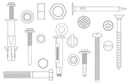 Construction Hardware set Bolts, Screws, Nuts and Rivets. vector illustration of outline line Metal fix gear elementsのイラスト素材