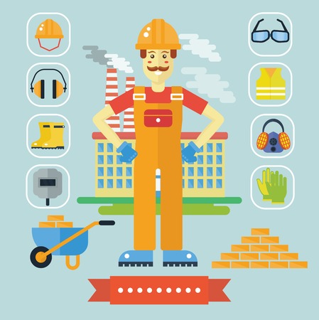 Architecture and Construction color flat concept with icons. Architect constructor cartoon builder man with icons tools. Engineering occupationのイラスト素材