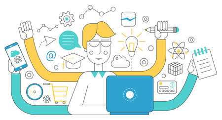 People self employment and different multitasking concept. Fast talented freelancer man near laptop. Project management business multitasking Flat line conceptのイラスト素材