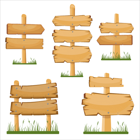 Wooden sign boards set. Vector cartoon wooden sign board on the grassのイラスト素材