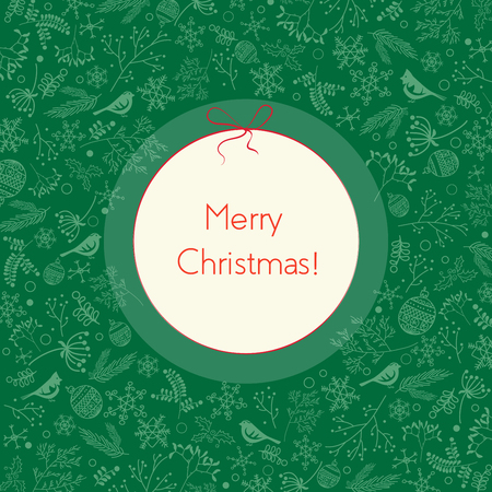 Merry Christmas New Year decoration elements circle greeting label card. Vector green background. Happy holidaysのイラスト素材