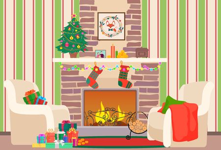 Christmas livingroom flat interior vector illustration. Christmas New Year tree and fireplace with socks. Christmas wall patternのイラスト素材