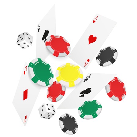 Casino Concept Floating Cards and Chips. Casino poker design template. Falling poker cards and chips game ucky backgroundのイラスト素材