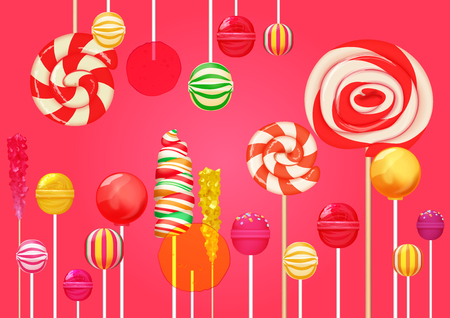 Red pink sugar background with bright colorful lollipops candy sweets. Candy shop. Sweet color lollipopのイラスト素材