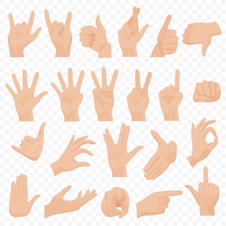 Realistic human hands icons and symbols set. Emoji hand icons. Different gestures, hands, signals and signs emotions vector illustration.のイラスト素材