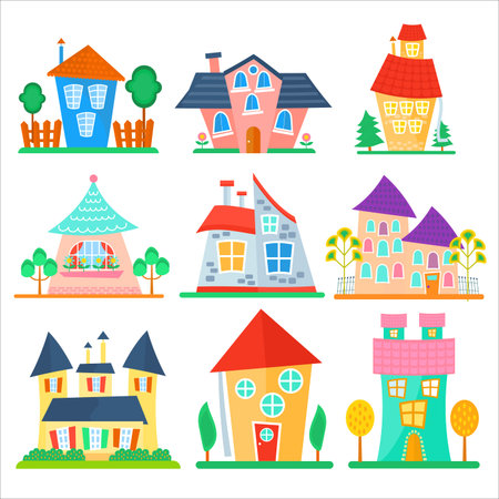Cute cartoon houses collection. Funny colorful kid vector house set.のイラスト素材