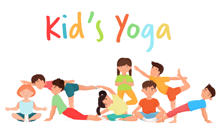 Cute yoga kids team group. Children yoga gymnastics together background vector illustration.のイラスト素材