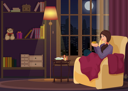 Young woman at home sitting in soft chear relaxing in her living room and drinking coffee or tea. Girl rests in night interior.のイラスト素材