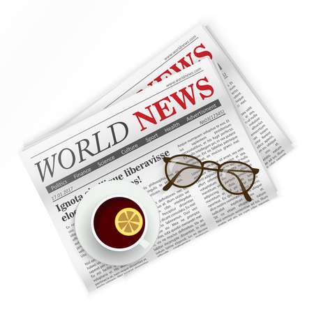 Newspaper, coffee and sunglasses. World news. Regional newspapers news.のイラスト素材