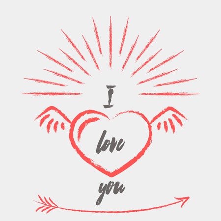 Happy valentines day card with heart and wings. Valentine Love vector.のイラスト素材