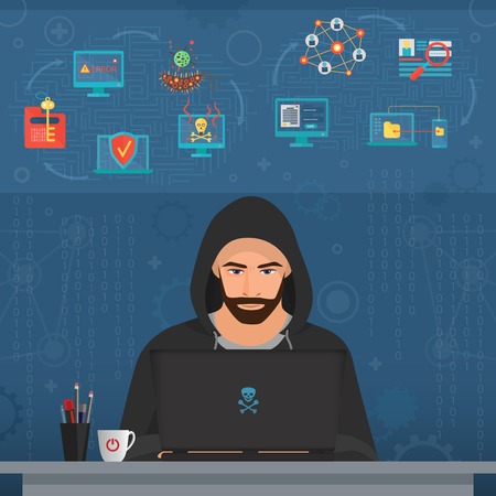 Hacker man hacking secret data on the laptop. Icon set. Modern transperance flat vector illustration.のイラスト素材