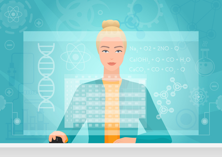 Chemist genetics biology woman working using virtual media interface workspace.のイラスト素材
