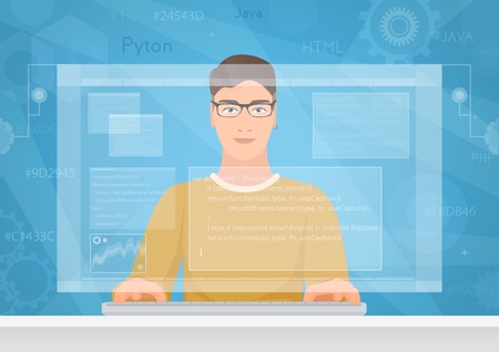 Man software engineer concept with design, optimization, responsive and developer solutions. Coder Engineer working with programm code on virtual screen.のイラスト素材