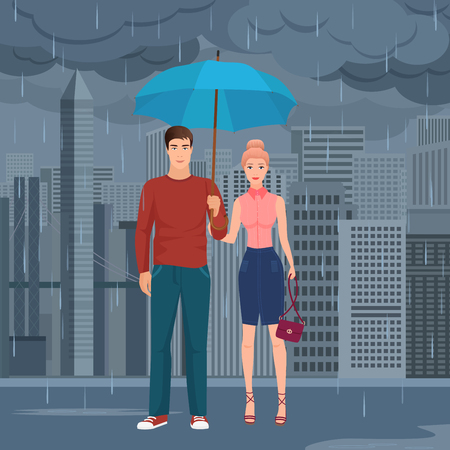 Young Happy couple pair standing under the umbrella in the street in dark grey rainy day vector illustration.のイラスト素材