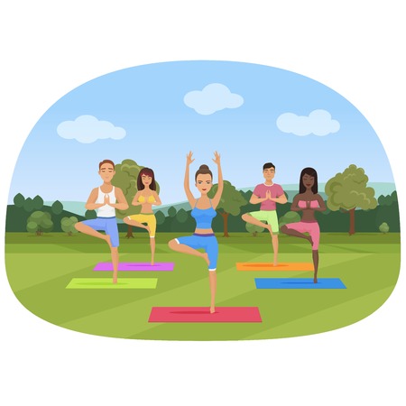 A group of people standing in the yoga position in the park vector illustration.のイラスト素材