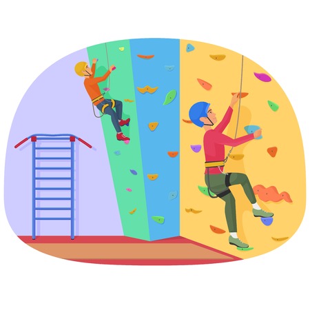 Two people climbing on a rock-climbing wall vector illustration.のイラスト素材