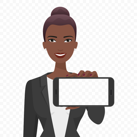 Young African businesswoman showing the empty smartphone screen vector illustration. Phone alpha transperant background.のイラスト素材