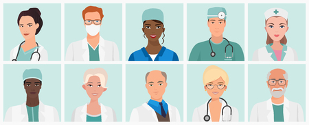 Doctors and nurses avatars set. Medical staff icons. Vector illustrationのイラスト素材