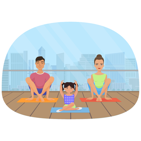 Young white people family meditating in fitness room on the city background.のイラスト素材