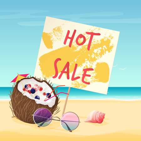 Vector illustration of hot sale text on sign on the beach near coconut, sunglasses, and shell.のイラスト素材