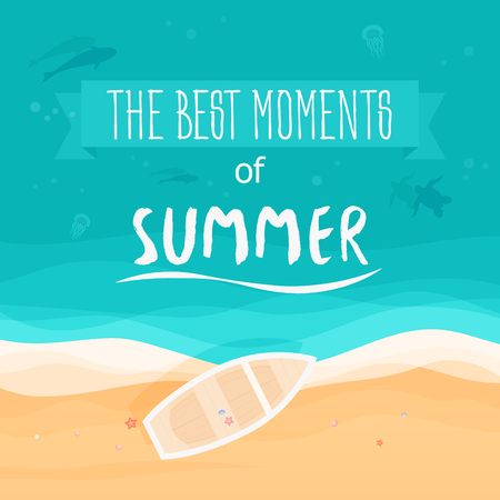 Top view of sea, boat, beach with sand. Top view. The best moments of summer. Vector illustration.のイラスト素材