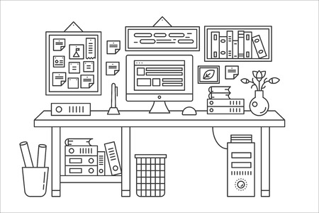 Linear office table with computer workspace and other equipment in office interior illustration. Thin line web banner template.のイラスト素材