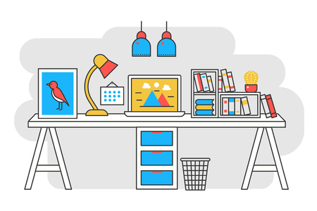 Vector illustration of a computer placed on an office desk. Flat color line style.のイラスト素材