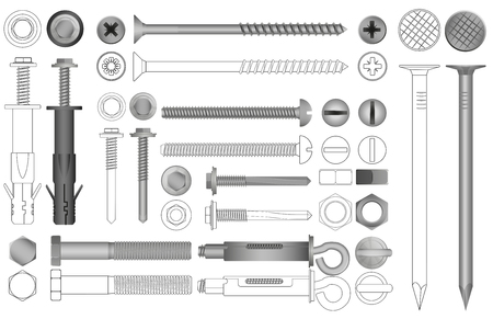 Vector set of realistic and line nuts, bolts, screws and rivets.のイラスト素材