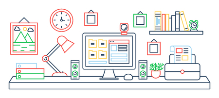 Vector illustration of black line single colored office table with computer. Color outline style.のイラスト素材