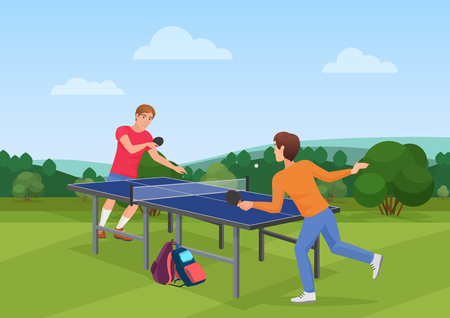 Table tennis pingpong match on the nature. The vector illustration of two friends playing ping pong.のイラスト素材
