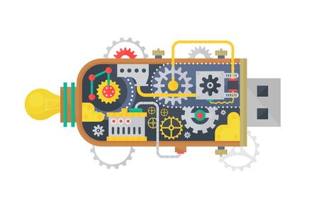 Steampunk vintage USB flash drive with different small gears and lamps inside. Vector illustrationのイラスト素材