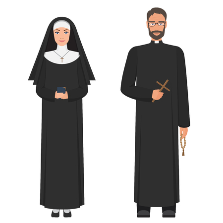 Catholic priest and nun. Flat cartoon vector illustration.のイラスト素材