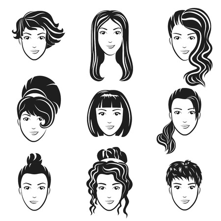 A Vector set of women avatar hairstyles stylized logo set. Female hair style icons emblem.のイラスト素材