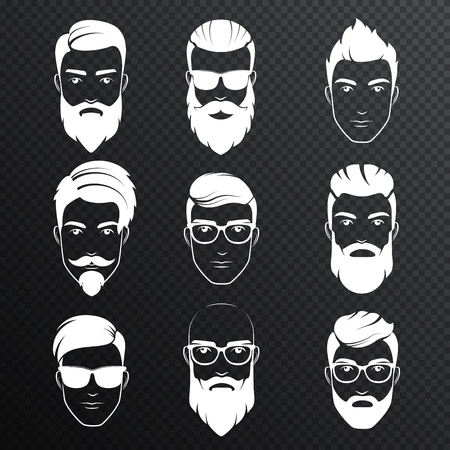 Set of vector bearded hipster men faces on the transperant alpha background. White color haircuts, beards, mustaches set. Handsome man emblems icons.のイラスト素材