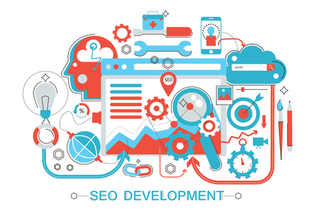 Modern Flat thin Line design SEO and development concept for web banner website, presentation, flyer and poster.のイラスト素材
