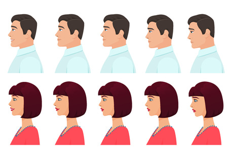 Male and Female profile avatars expressions set. Man and Woman facial profile emotions from sadness to happiness. Cartoon vector illustration.のイラスト素材