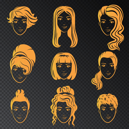 Vector set of stylized gold logo with beautiful women hairstyles. Golden fashion stylish collection of fashionable hairstyle.のイラスト素材