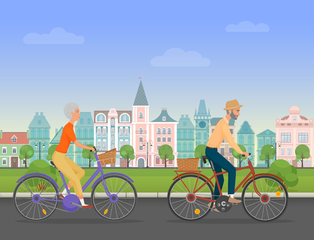 Active senior character, age travelers. Old age retired tourists couple. Elderly people riding on a bicycle near old city park. Cartoon vector illustration.のイラスト素材