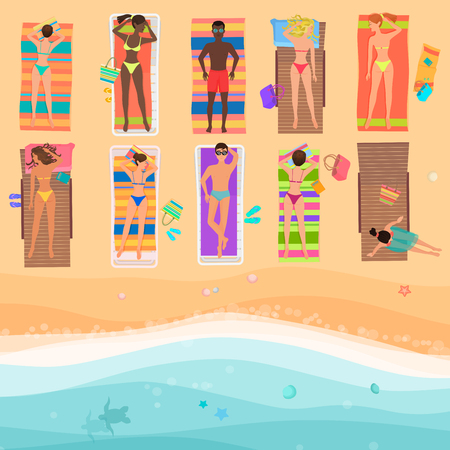 View from above people on a sunny beach. Summertime sea, sand, umbrellas, towels, clothes, Top view. Vector illustration.のイラスト素材