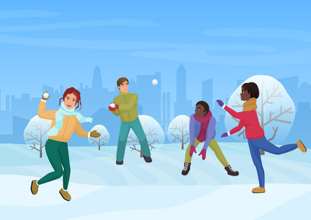 The group of friends playing the snowballs outside vector illustrationのイラスト素材