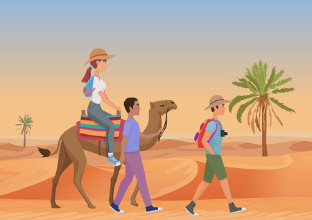 Vector illustration of man walking with guide and woman riding camel in desert.のイラスト素材