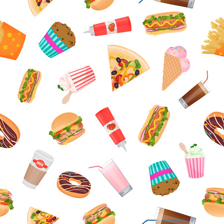 Realistic flat seamless pattern of fast food. Vector illustration.のイラスト素材