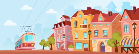 Sunny historical city street. Old city banner with tram. Cartoon vector illustration.のイラスト素材