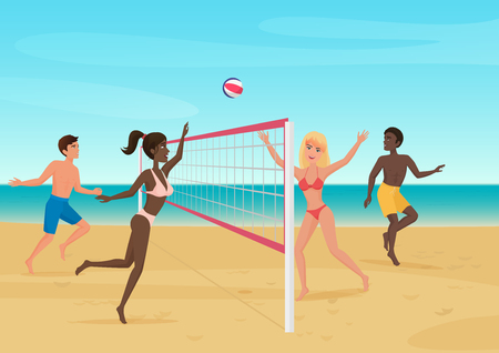 People having fun playing volleyball on the beach vector illustration. Active seabeach sport.のイラスト素材