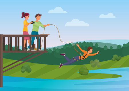 Woman doing bungee jumping with the friends vector illustration. Bungee jumper. Extreme sport.のイラスト素材