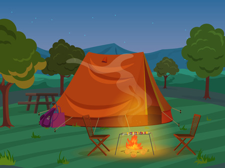 Walking, Hiking or Sports outdoor camping recreation landscape, nature adventures vacation illustration. Tent in night wood.のイラスト素材
