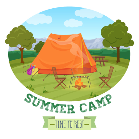 Camping illustration of summer forest in mountains, tent, fireplace with text. Vector illustration.のイラスト素材