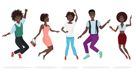Happy group of african american teamwork friends jumping. Cartoon jump black people character vector illustration.のイラスト素材